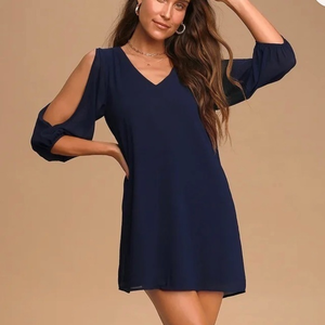 Lulus Shifting Dears Navy Blue Long Sleeve‎ Dress MEDIUM